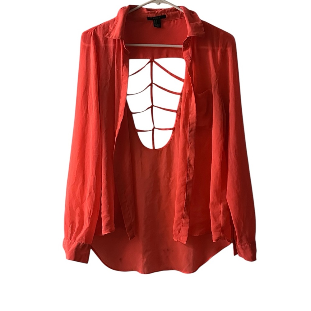Red Long Sleeve Cut-Out Blouse with Notched Collar